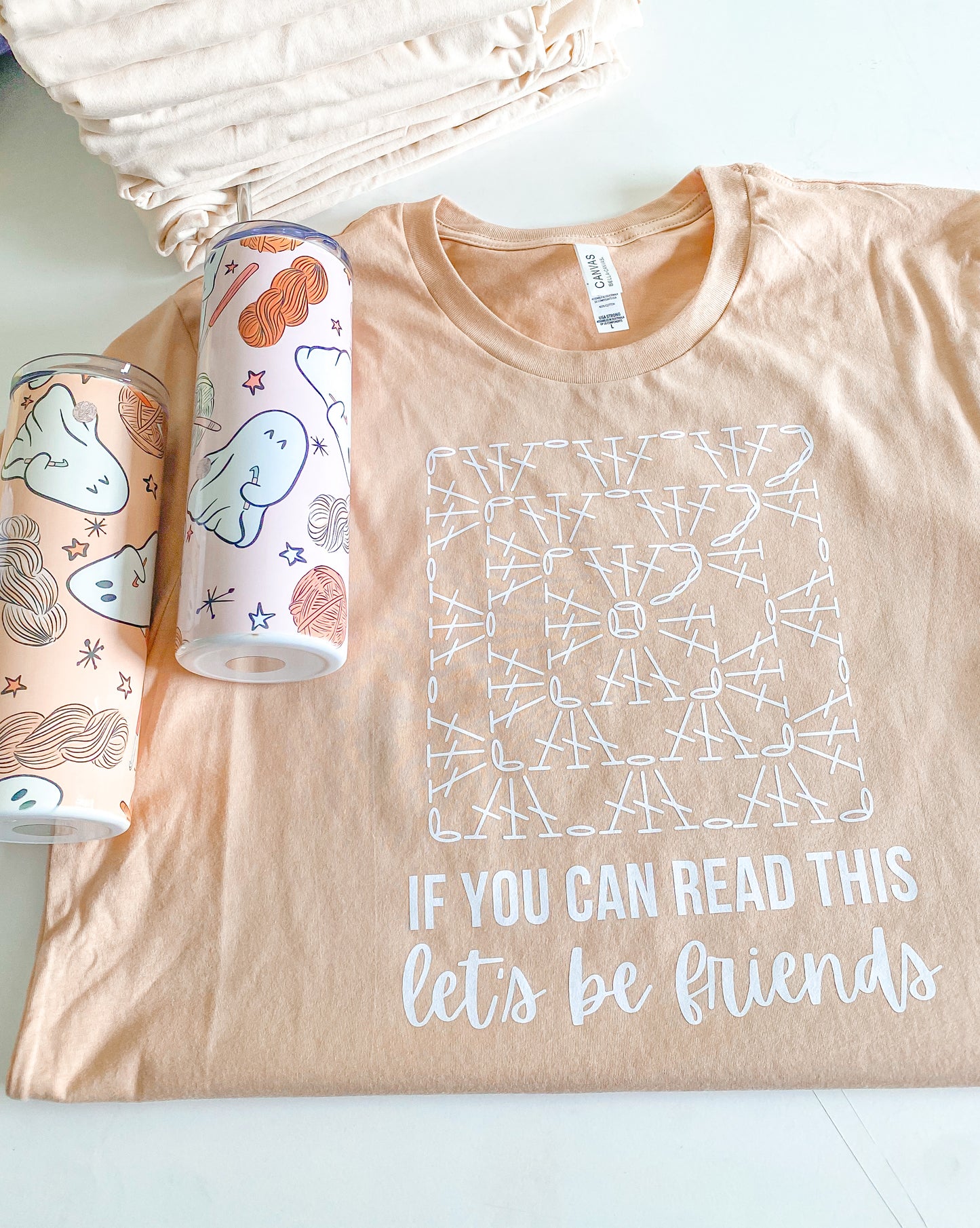 If you can read this, Lets be friends crochet T-shirt pink peach