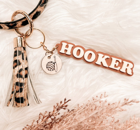 Terracotta Hooker Acrylic Keychain with Wooden Charm