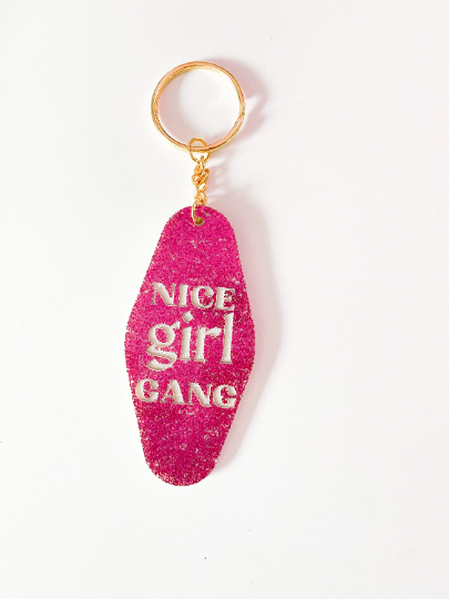 Nice Girl Gang Pink Sparkly Acrylic Keychain