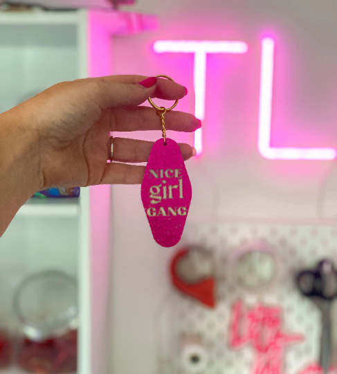 Nice Girl Gang Pink Sparkly Acrylic Keychain